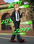 blonde_hair bottomwear business_suit clothing day electronics footwear hair hi_res holding_object holding_phone human human_only laser male mammal naga_(artist) necktie not_furry outside pants phone photo_background photography_(artwork) road shoes solo suit walking