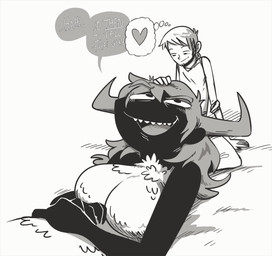 big_breasts breasts duo female lying male on_back sitting size_difference teratophilia text shyguy9 matilda_(step-monster) human mammal monster 2015