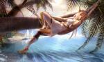 amazing_background anklet anthro barefoot biped boat bracelet clothing detailed_background dress ear_piercing feet female hammock jewelry lying on_back outside piercing plant reclining sea solo tree tropical vehicle water watercraft whiskers white_clothing white_dress ostinlein jastra felid feline lynx mammal 5:3 detailed digital_media_(artwork)