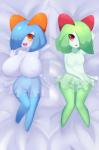 alternate_color big_breasts blue_hair breasts dakimakura duo featureless_breasts female green_hair hair looking_at_viewer not_furry orange_eyes red_eyes wide_hips jcdr nintendo pokemon lucy_(jcdr) nougat_(character) generation_3_pokemon humanoid kirlia pokemon_(species) shiny_pokemon 2015 dakimakura_design digital_media_(artwork) hi_res