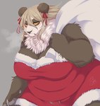 5_fingers anthro arm_tuft belt belt_buckle big_breasts biped blush blush_lines breasts brown_body brown_fur buckle bun_cover cheek_tuft christmas_bag christmas_clothing clothed clothed_anthro clothed_female clothing eye_through_hair eyebrow_through_hair eyebrows eyelashes facial_tuft female female_anthro fingers fur grey_background hair hair_between_eyes half-closed_eyes holding_bag holidays kemono mouth_closed multicolored_body multicolored_clothing multicolored_fur narrowed_eyes neck_tuft overweight overweight_anthro overweight_female red_belt red_clothing shoulder_tuft simple_background solo steam tan_hair translucent translucent_hair tuft two_tone_body two_tone_clothing two_tone_fur white_body white_clothing white_fur wrist_tuft galette christmas bear giant_panda mammal 2022 absurd_res digital_media_(artwork) hi_res signature