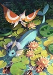 ambiguous_gender day detailed_background feral flower group lily_pad outside partially_submerged plant tail water clockbirds nintendo pokemon eeveelution generation_1_pokemon pokemon_(species) vaporeon 2022 digital_media_(artwork) hi_res