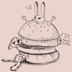 :3 ambiguous_gender anthro brown_background burger burger_costume cheek_tuft clothed clothing costume dipstick_ears ear_markings eyes_closed facial_markings facial_tuft food food_costume fur fur_markings group half-closed_eyes head_markings head_tuft humor markings multicolored_ears narrowed_eyes neck_tuft pun simple_background smile tuft visual_pun juantriforce disney zootopia jack_savage judy_hopps nick_wilde skye_(zootopia) canid canine fox lagomorph leporid mammal rabbit red_fox true_fox 1:1 2019 black_and_white brown_theme monochrome