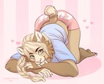 anthro big_fangs blonde_hair blue_clothing blue_topwear bottomwear brown_body brown_fur cheek_tuft closed_smile clothed clothing eyelashes facial_tuft fangs female fur glistening glistening_eyes green_eyes hair lying mouth_closed on_front pink_bottomwear pink_clothing smile solo tan_body tan_fur teeth topwear tuft tiggybloom felid mammal 2020 dated hi_res