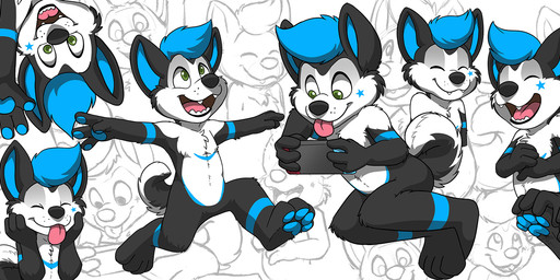 anthro black_body black_fur black_nose blue_hair blue_markings blue_pawpads closed_smile featureless_crotch fur gesture glistening glistening_eyes green_eyes hair logo male markings mouth_closed nude open_mouth open_smile pawpads pink_tongue running short_hair sitting smile solo standing tongue tongue_out upside_down waving waving_at_viewer white_body white_fur young young_anthro young_male pandapaco canid canine mammal 3:1 artist_logo bust_portrait half-length_portrait hi_res portrait signature sketch_page