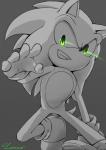 5_fingers anthro big_eyes big_head biped clothing featureless_crotch fingers footwear front_view fur gloves glowing glowing_eyes green_eyes hair handwear light_streak looking_at_viewer male mostly_nude shoes simple_background smile socks solo teeth toony lorese sega sonic_the_hedgehog_(series) sonic_the_hedgehog eulipotyphlan hedgehog mammal spot_color