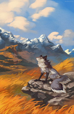 ambiguous_gender cheek_tuft cloud day detailed_background eyes_closed facial_tuft feral fur grass grey_body grey_fur happy mountain neck_tuft on_rock outside pink_nose plant rock sitting sky smile solo tuft white_body white_fur wind hioshiru hioshiru_(character) avian canid canine canis enfield hybrid mammal wolf 2022 digital_media_(artwork) hi_res