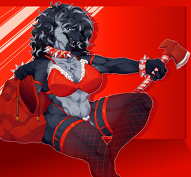 anthro axe big_breasts black_body black_fur black_lips blue_eyes bra bracelet breasts chest_tuft claws clothing collar fangs female festive fishnet_clothing fishnet_legwear fur holidays huge_breasts jewelry legwear lips looking_at_viewer muscular muscular_female sack solo spiked_bracelet spiked_collar spikes stockings teeth tuft underwear unposturedfile christmas narita_vilores hyena mammal hi_res