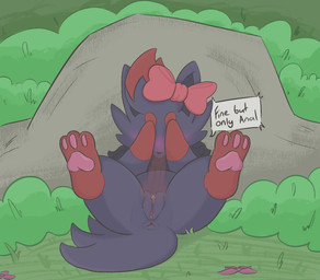 anal_only anal_request animal_genitalia animal_penis anus blush blushing_profusely bow_ribbon canine_genitalia canine_penis clitoris covering covering_face embarrassed feral forest genitals humanoid_genitalia humanoid_genitalia_on_feral humanoid_vulva humanoid_vulva_on_feral illusion knot legs_up male pawpads paws penis plant presenting presenting_vulva rock shrub solo spread_legs spreading tree vulva flowerbud nintendo pokemon generation_5_pokemon pokemon_(species) zorua hi_res trans_(lore) trans_woman_(lore)