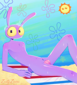 4_fingers anthro arm_tuft beach beach_towel blush bodily_fluids chest_tuft conch crotch_tuft duo elbow_tuft female fingers floral_background flower flustered heat_(temperature) looking_at_viewer male mostly_nude mouthless plant steam sweat sweatdrop towel tuft zestyzoma glitch_productions the_amazing_digital_circus jax_(tadc) sun_(tadc) digital_creature lagomorph leporid living_sun mammal rabbit hi_res