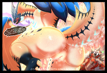 anal_fluids anthro anus armor black_border blush bodily_fluids border butt clothed clothing dialogue duo female genital_fluids genitals multicolored_body musk musky_anus musky_vulva nude pupils size_difference speech_bubble tail text vaginal_fluids vulva yellow_body thescarletdragon1 capcom monster_hunter flying_wyvern legiana hi_res