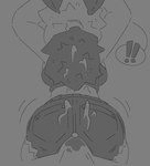 anthro bodily_fluids bottomwear bulge butt clothing cum cum_in_hair cum_inside cum_on_back cum_on_butt cum_on_clothing cum_through denim denim_bottomwear denim_clothing denim_shorts duo erection erection_under_clothing exclamation_point female genital_fluids grinding hair male male/female motion_lines shirt shorts speech_bubble tank_top topwear raewtf arthropod insect lepidopteran moth black_and_white hi_res monochrome