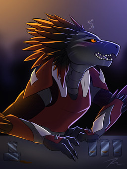 3_fingers anthro arm_support armor blush bubble claws container cup drinking_glass drunk drunk_bubble feather_hair feathered_crest feathers female finger_claws fingers glass glass_container glass_cup grey_body head_crest orange_eyes pseudo_hair pupils red_body red_feathers shot_glass slit_pupils solo substance_intoxication rainey_(artist) halo_(series) microsoft xbox_game_studios red_fel alien kig-yar scalie t'vaoan 3:4 colored hi_res
