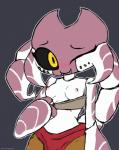 anthro black_sclera blush breasts chelicerae clothed clothing fangs female flashing half_naked looking_at_viewer nipples non-mammal_breasts one_eye_closed scorpion_tail slim small_breasts smile solo teeth topless wink purplealacran nila_(purplealacran) arachnid arthropod scorpion 2019 hi_res