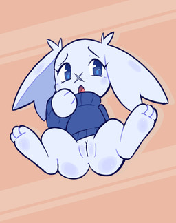 anthro biped bottomless bottomless_anthro bottomless_female butt clothed clothing eyebrows feet female female_anthro floppy_ears fur genitals innie_vulva long_ears open_mouth raised_inner_eyebrows soles solo spread_legs spreading sweater topwear turtleneck vulva white_body white_fur young young_anthro young_female bunirona cave_story sue_sakamoto lagomorph mammal mimiga colored digital_media_(artwork) hi_res
