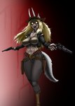 anthro belt blonde_hair boots breasts clothing dual_wielding female footwear gun hair handgun hat headgear headwear holding_object holding_weapon holster horn long_hair midriff open_mouth ranged_weapon revolver shell_(projectile) shoes shotgun_shell solo weapon metalinvader hellslinger canid canine humanoid mammal hi_res