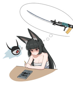 2_horns ambiguous_gender black_hair blush blush_lines bodily_fluids book braided_hair breasts chest_wraps cleavage clothed clothing duo exclamation_point eyelashes female furniture hair holding_object holding_pen horn inner_ear_fluff katana long_ears long_hair looking_at_another medium_breasts melee_weapon pen pupils red_eyes simple_background sitting sweat sweaty_face sword table text thinking thought_bubble tuft weapon white_background white_pupils wraps cockati mihoyo zenless_zone_zero hoshimi_miyabi tailless_(zenless_zone_zero) animal_humanoid canid canid_humanoid canine canine_humanoid demon fox_humanoid humanoid mammal mammal_humanoid thiren 2026 digital_drawing_(artwork) digital_media_(artwork) english_text