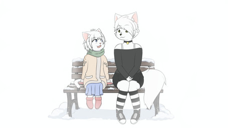 anthro black_bottomwear black_clothing black_footwear black_shoes black_skirt blue_bottomwear blue_clothing blue_eyes blue_skirt boots bottomwear clothing coat collar duo ears_up female fluffy fluffy_tail footwear fur gloves green_eyes hair handwear long_skirt long_socks open_mouth red_boots red_clothing red_footwear red_gloves red_handwear scarf shoes short_hair skirt tail topwear white_body white_fur young young_female ai_assisted ai_generated_background zankandreas ari_(laiwileth_siderya) care_(zankandreas) arctic_fox canid canine domestic_cat felid feline felis fox mammal true_fox 16:9 4k absurd_res hi_res widescreen