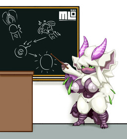 2_toes anthro areola big_breasts big_nipples blush breasts chalkboard desk exercise feet female fur furniture genitals green_eyes instruction logo looking_at_viewer markings nipples nude penis shortstack solo standing striped_markings striped_tail stripes table tail tail_markings thick_thighs toes uterus vulva white_body white_fur wide_hips mi_lan unknown_species absurd_res artist_logo hi_res