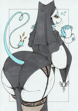 anthro big_breasts big_butt biped bodily_fluids breasts butt clothed clothing eyelashes female legwear machine nun pupils smile solo sweat tail thick_thighs longinius deltarune undertale_(series) tasque_manager darkner robot 2026 hi_res