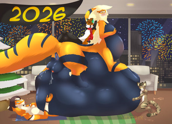 anthro belly big_belly female genitals group gurra981 holidays male staffdog unbirthing vaginal vore vulva vextrix new_year arc_vap ellery domestic_cat felid feline felis mammal reptile scalie snake taur hi_res