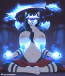 4_toes 5_fingers anthro aura barefoot big_breasts black_hair black_nose blue_eyes breast_grab breast_play breast_squish breasts clothed clothing crossed_legs crosslegged_pose feet female fingers fur glowing glowing_eyes grey_body grey_fur hair hand_on_breast hands_behind_back highlights_(coloring) holding_breast levitating_object levitation long_hair magic magic_hands magic_user meditation melee_weapon navel nude partially_clothed ponytail red_hair rug sitting smile smiling_at_viewer solo squish stripes sword text toes topless weapon white_body white_fur marik_azemus34 domestic_cat felid feline felis mammal 2021 hi_res url