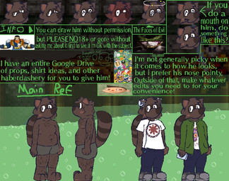 anthro belly big_nose body_hair brown_body brown_fur clothing fur male markings ring_(marking) ringed_tail solo striped_markings striped_tail stripes tail tail_markings text fungandlearn tertnuki canid canine mammal raccoon_dog tanuki model_sheet
