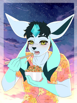 aloha_shirt anthro bowl chopsticks clothing cloud container food holding_bowl holding_container holding_object male pattern_clothing pattern_shirt pattern_topwear shirt sky solo star sunset topwear yellow_eyes pearl123_art nintendo pokemon jace_(tamashii) eeveelution generation_4_pokemon glaceon pokemon_(species) 3:4 absurd_res hi_res