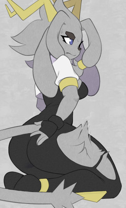 anthro antlers blue_eyes bodysuit breasts butt clothing eyelashes female female_anthro floppy_ears fur furgonomics furrowed_eyebrows gold_(metal) gold_jewelry grey_body grey_fur grey_hair hair horn jewelry kneeling leg_tuft lop_ears medium_breasts rear_view skinsuit solo tail thigh_tuft tight_clothing tuft cutegraphite pseudoregalia sybil_(pseudoregalia) bovid caprine felid feline goat hybrid jackalope lagomorph leporid mammal rabbit 2026 digital_drawing_(artwork) digital_media_(artwork) hi_res