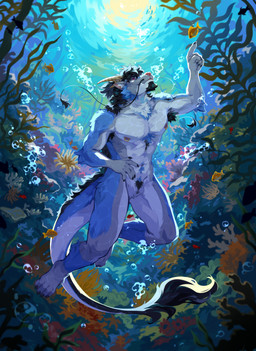 anthro armpit_hair beard black_beard black_facial_hair black_hair blue_body blue_fur body_hair bubble cheek_tuft chest_tuft claws crotch_tuft facial_hair facial_tuft featureless_crotch finger_claws front_view fur group hair horn male mouth_closed nipple_piercing nipple_ring nipples nude piercing pink_eyes ring_piercing short_hair solo_focus swimming tuft underwater water white_body white_fur yellow_horn corzh77 mythology oros_wolf anthozoan cnidarian coral dragon fish furred_dragon furred_scalie marine mythological_creature mythological_scalie scalie hi_res