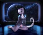 alternative_fashion anthro breasts clothed clothing cyberpop detailed_background female hair hair_over_eye inside j-fashion lights looking_at_viewer one_eye_obstructed panties planet smile solo space star underwear cydergerra felid mammal