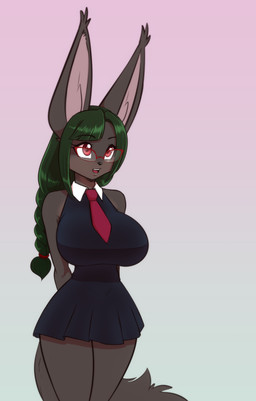 accessory anthro big_breasts big_ears braided_hair breasts clothing eyebrow_through_hair eyebrows eyelashes eyewear female glasses green_hair grey_body hair inner_ear_fluff necktie open_mouth red_eyes solo translucent translucent_hair tuft wide_hips scorpdk catarina_(scorpdk) canid canine fennec_fox fox mammal true_fox 2026 hi_res