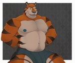 anthro areola barazoku bdsm belly biceps big_bulge big_muscles black_background blue_areola blue_boxer_briefs blue_clothing blue_nipples blue_nose blue_underwear body_hair bondage border bound boxer_briefs boxer_briefs_only bulge chest_hair clothed clothing eyebrows facial_hair fur hands_behind_back happy_trail huge_muscles male mascot musclegut muscular muscular_anthro muscular_male navel nipples pecs pubes raised_eyebrow restrained restraints rope rope_bondage simple_background sitting smile solo stripes stubble thick_arms thick_thighs topless topless_anthro topless_male tuft underwear underwear_only whiskers white_border zcdartz frosted_flakes kellogg's tony_the_tiger felid mammal pantherine tiger 2025 hi_res