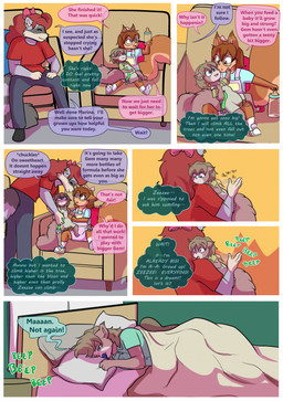 anthro baby_bottle bed bedding blanket clothing dialogue eyewear female furniture glasses group overalls pacifier pillow speech_bubble tail text trio young babystar gemma_polson marina_neira_(character) mammal procyonid raccoon rodent sciurid tree_squirrel comic english_text hi_res