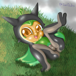 anthro armless black_body butt featureless_crotch female grass happy leaf looking_at_viewer outside plant presenting raised_leg solo young izzipurrito nintendo pokemon elemental_creature generation_9_pokemon legendary_pokemon ogerpon pokemon_(species) teal_mask_ogerpon 1:1 absurd_res hi_res