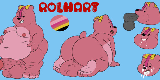 4_toes all_fours anthro balls belly belly_overhang big_balls big_belly big_butt big_feet big_penis bodily_fluids butt cum cum_in_mouth cum_inside dot_eyes erection feet fellatio fur genital_fluids genitals grin half-closed_eyes huge_balls huge_penis hyper hyper_balls hyper_genitalia hyper_penis male moobs narrowed_eyes nude obese obese_male open_mouth open_smile oral overweight overweight_male penile penis pink_body pink_fur pose presenting sex short_tail simple_eyes smile solo standing tail toes young camp14 rolhart bear mammal hi_res model_sheet pinup