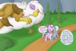 2013 3:2 amber_eyes avian beak brown_body brown_fur claws cutie_mark dialogue diamond_tiara_(mlp) digital_media_(artwork) earth_pony english_text equid equine eyewear fearingfun feathered_wings feathers female feral friendship_is_magic fur gilda_(mlp) glasses grey_hair group gryphon hair hasbro horse lying mammal multicolored_hair my_little_pony mythological_avian mythological_creature mythology one_eye_closed outside pink_body pink_fur plant pony silver_spoon_(mlp) tail text tree two_tone_hair white_body white_fur wings