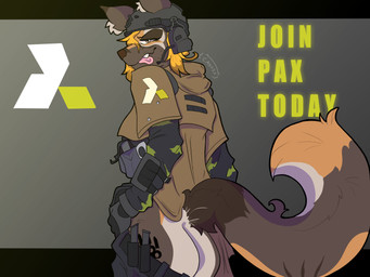 anthro armor bedroom_eyes butt butt_tattoo camo clothing exposed female fluffy fluffy_hair hair headgear helmet military military_uniform narrowed_eyes rear_view seductive solo tactical_gear tattoo tongue tongue_out uniform cayasa battlefield_6 canid canine mammal hi_res