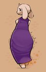 anthro clothing dress fart fart_cloud fart_fetish female floppy_ears fur horn looking_at_viewer looking_back looking_back_at_viewer motion_lines purple_clothing purple_dress raised_leg rear_view simple_background solo standing tan_background white_body white_fur white_horn jubb undertale undertale_(series) toriel bovid caprine goat mammal 2021 signature