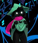 anthro black_body black_fur bottomwear clothed clothing clothing_lift crossgender detailed_background eyewear female fur genitals glasses hat headgear headwear looking_at_viewer mostly_clothed mtf_crossgender no_underwear presenting pussy scarf skirt skirt_lift solo standing town deadmimicked deltarune undertale_(series) ralsei bovid caprine goat mammal hi_res