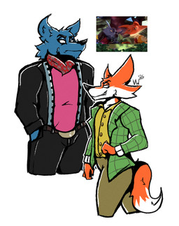 anthro belt black_bottomwear black_clothing black_jacket black_pants black_topwear bottomwear checkered checkered_clothing clothed clothing duo fur green_bottomwear green_clothing green_jacket green_pants green_topwear grey_body grey_fur jacket kerchief male multicolored_body multicolored_fur neckerchief neckwear orange_body orange_fur pants pattern_clothing pink_clothing pink_shirt pink_topwear red_kerchief red_neckerchief shirt simple_background tail topwear two_tone_body two_tone_fur vest white_background white_body white_clothing white_fur white_shirt white_topwear yellow_clothing yellow_topwear yellow_vest vividwolfe don't_eat_the_neighbours fox_(don't_eat_the_neighbours) wolf_(don't_eat_the_neighbours) canid canine canis fox mammal wolf 2026 digital_media_(artwork) hi_res reference_image