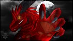 5_fingers anthro black_horn claws fingers full_moon glowing glowing_eyes grey_claws horn male moon orange_sclera pupils reaching_towards_viewer red_body red_scales scales slit_pupils solo yellow_eyes slegar european_mythology mythology dragon mythological_creature mythological_scalie scalie western_dragon 2017 bust_portrait portrait