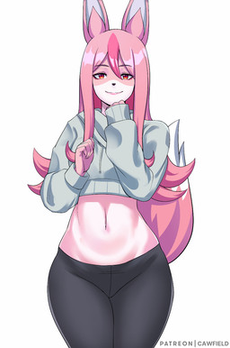 anthro biped black_nose bottomwear clothing clothing_cord crop_top cropped_hoodie drawstring drawstring_topwear female front_view fur hair hoodie long_hair midriff monotone_bottomwear monotone_clothing monotone_hoodie monotone_topwear multicolored_body multicolored_fur navel pink_body pink_hair red_eyes shirt smile solo standing tight_bottomwear tight_clothing topwear two_tone_body two_tone_fur wide_hips cawfield brand_new_animal studio_trigger nazuna_hiwatashi canid canine fox mammal digital_media_(artwork) hi_res portrait three-quarter_portrait
