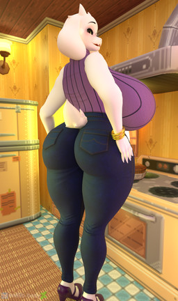 anthro big_breasts bottomwear breasts butt clothing denim denim_bottomwear denim_clothing female footwear fur high_heels huge_breasts jeans kitchen looking_at_viewer mature_female pants shoes smile solo tail text thick_thighs white_body white_fur wide_hips n00b-body bom39_(modeler) deltarune undertale undertale_(series) toriel bovid caprine goat mammal 2025 3d_(artwork) absurd_res digital_media_(artwork) english_text hi_res huge_filesize