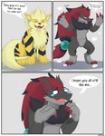 anthro border coming_out feral illusion instant_transformation poof poof_transformation species_transformation text transformation white_border alsoflick nintendo pokemon arcanine generation_1_pokemon generation_5_pokemon pokemon_(species) zoroark absurd_res english_text hi_res meme