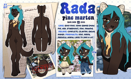 anthro chibi close-up female smile solo text erival rada_(erival) gulonine mammal marten mustelid musteline pine_marten absurd_res english_text hi_res model_sheet tagme