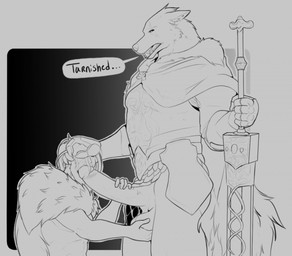 anthro armor ball_fondling balls big_penis biped bottomless bottomless_anthro bottomless_male breastplate cloak clothed clothing duo erection fellatio fondling genitals hair hand_on_head hand_on_penis holding_melee_weapon holding_object holding_sword holding_weapon human_on_anthro humanoid_genitalia humanoid_penis interspecies larger_anthro larger_male long_hair male male/male male_human/male_anthro melee_weapon oral penile penis scar sex size_difference smaller_human smaller_male sword weapon merffle elden_ring fromsoftware blaidd_(elden_ring) tarnished_(elden_ring) canid canine canis human mammal wolf 2022 digital_media_(artwork) monochrome