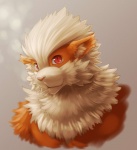 anthro fur grey_background hair male orange_body pokemorph pupils red_eyes simple_background slit_pupils solo white_hair biri riot41 nintendo pokemon arcanine canid canine generation_1_pokemon mammal pokemon_(species) bust_portrait portrait