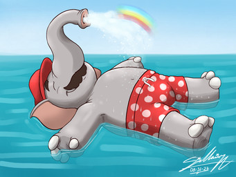 anthro ball beach blue_sky bottomwear brown_moustache clothed clothing colors!_live_(artwork) cooling_off floating grey_body grey_skin hat headgear headwear inflatable male male_anthro proboscis_(anatomy) rainbow relaxation seawater shorts simple_background sky solo splashing_water swimming_trunks swimwear topless topless_anthro topless_male trunk_(anatomy) water sagadreams mario_bros nintendo super_mario_bros_wonder elephant_mario mario elephant elephantid mammal proboscidean 2023 4:3 digital_drawing_(artwork) digital_media_(artwork) hi_res signature