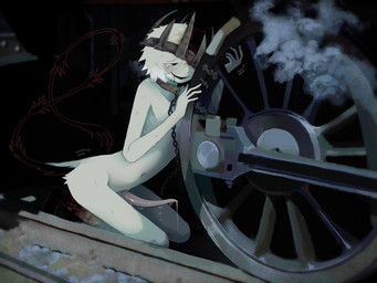 anthro black_tail bodily_fluids bound chain chained cloacal_penis collar crown detailed_background dripping drooling erection fur genital_fluids genitals grey_crown headgear kneeling locomotive male male_humanoid mechanophilia metal_collar mostly_nude_humanoid mostly_nude_male onomatopoeia open_mouth open_smile penis pink_penis precum precum_drip saliva smile smoke solo sound_effects steam tail tapering_penis tears text trails train vehicle wheel white_body white_fur jejejunum demon demon_humanoid humanoid tailed_humanoid 2025 hi_res shaded